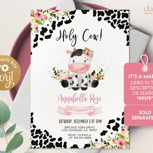 May include: A printable invitation for a 2nd birthday party with a cow theme. The invitation features a cartoon cow with pink flowers in its hair, a pink banner that says "Annabella Rose is turning 2", and a black and white cow print background. The text "Holy Cow!" is at the top of the invitation.