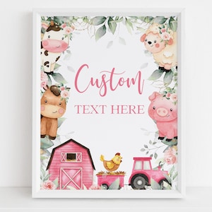 EDITABLE Farm Baby Shower Custom Text Sign, Barn Animal Baby Sprinkle Party, Ranch Baby Shower, Floral Pink Animals, Instant Download BS114