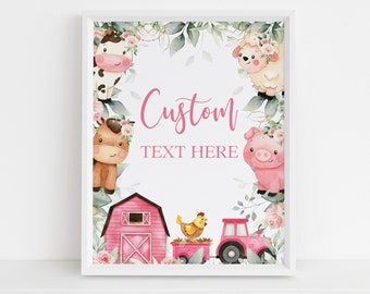 EDITABLE Farm Baby Shower Custom Text Sign, Barn Animal Baby Sprinkle Party, Ranch Baby Shower, Floral Pink Animals, Instant Download BS114