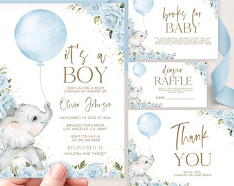May include: It's a Boy baby shower invitation with a blue and white elephant holding a blue balloon. The invitation includes the text "It's a Boy", "Join us for a baby shower in honor of Olivia Johnson", "November 23, 2023 at 5pm", "3145 Doctors Drive, Los Angeles, CA 90017", "RSVP to Kayla at 310-341-3368", and "Registered at Amazon and Target".