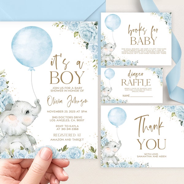 Blue Elephant Balloon Baby Shower Invitation Set, EDITABLE Sweet Little Peanut Party, It's a Baby Boy Floral Bundle, Instant Download BS197