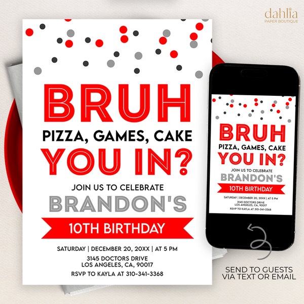 Bruh Birthday Invitation, EDITABLE Teen Boy Party Invite, Red Game Template, Unisex Any Age Birthday, Bro Dude Bruh, Instant Download, KP260
