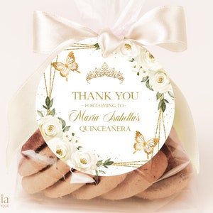 Elfenbein Weiß und Gold Quinceañora Danke Geschenkanhänger, bearbeitbare Tiara Rose 15. Geburtstag rundes Etikett, Mis Quince Anos Square Party Favor, Q011