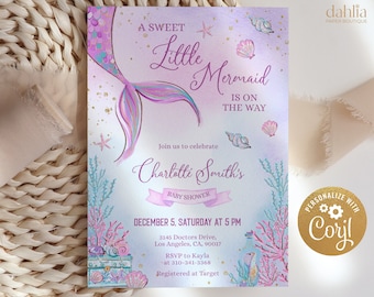 REDIGERBAR sjöjungfru babyshowerinbjudningsmall, babyshowerinbjudan för flicka under havet, magisk lila guld sjöjungfru direktnedladdning, BS126