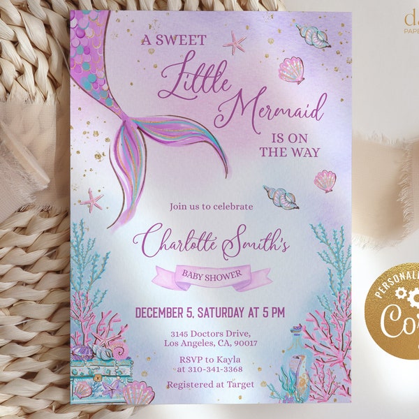 EDITABLE Mermaid Baby Shower Invitation Template, Under The Sea Girl Baby Shower Invite, Magical Purple Gold Mermaid Instant Download, BS126