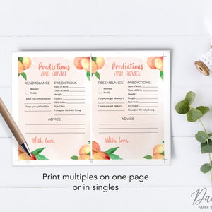 May include: Peach-themed baby shower game card with the text "Predictions and Advice". The card has two sections: "Resemblance" and "Predictions". The "Resemblance" section has checkboxes for "Mommy" and "Daddy". The "Predictions" section has lines for guests to write down their predictions for the baby's date of birth, time of birth, weight, length, hair color, eye color, and what they imagine the baby being like. The card also has a section for "Advice".