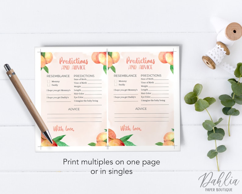 May include: Peach-themed baby shower game card with the text "Predictions and Advice". The card has two sections: "Resemblance" and "Predictions". The "Resemblance" section has checkboxes for "Mommy" and "Daddy". The "Predictions" section has lines for guests to write down their predictions for the baby's date of birth, time of birth, weight, length, hair color, eye color, and what they imagine the baby being like. The card also has a section for "Advice".