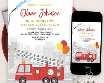 Fire Truck Birthday Invitation, EDITABLE Fireman Party Invitation Template, Sound The Alarm Fire Engine Invite, Minimalist Firefighter KP364