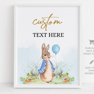May include: Printable sign featuring a watercolor illustration of Peter Rabbit holding a blue balloon. The sign says "Custom Text Here" and includes instructions to purchase, edit, and print the sign.