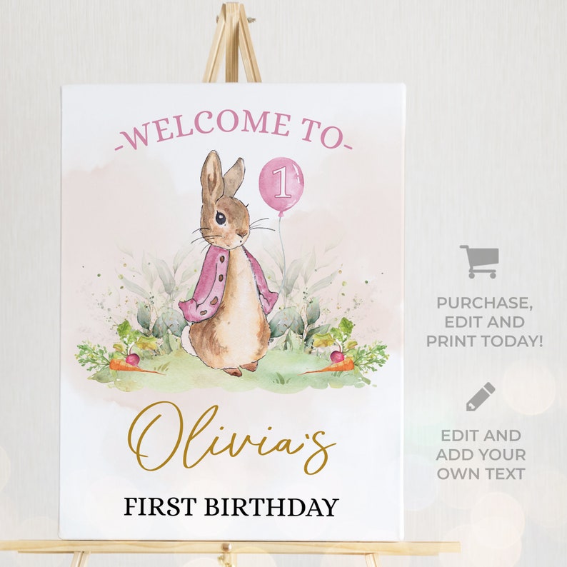 Peter Rabbit First Birthday Welcome Sign, Editable Banner Template, Rustic Bunny, 1st Birthday, Girl Party Printable, Instant Download KP059 image 2