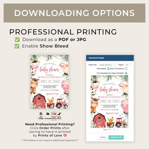 May include: A printable baby shower invitation with a watercolour design featuring farm animals, a red barn, and a tractor. The invitation text reads "Join us for a baby shower honouring Bethany Johnson".