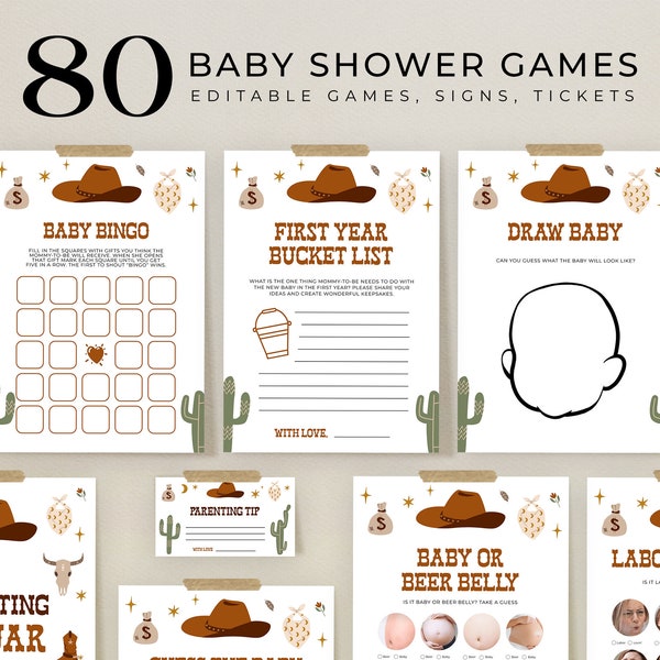 EDITABLE 80 Wild West Baby Shower Games, Cowboy Rodeo Baby Shower Game Bundle, Western Ranch Game Pack, Country, Instant Download, BS136