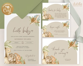 May include: A baby shower invitation with a dinosaur theme. The invitation is beige with green foliage and brown dinosaurs. The text reads "hello baby" and includes details for the event, such as the date, time, and location. The invitation also includes a section for "books for baby" and "diaper raffle".