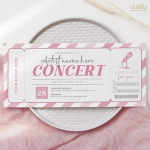 Konzertticket-Geschenkgutschein, bearbeitbarer Überraschungsgutschein, druckbarer rosa Geburtstagsgeschenkgutschein, Eventticket für Musiktheatershows