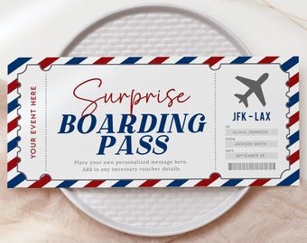 May include: A red, white, and blue airline boarding pass with the text "Surprise Boarding Pass" and "JFK-LAX". The pass has a space for a personalized message and details like "To", "From", and "Date".