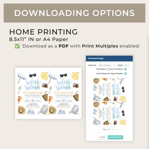May include: A digital preview of a printable baby shower invitation. The invitation features a watercolor illustration of a beach scene with a sun, sunglasses, a beach umbrella, a beach bag, flip flops, and a camera. The text on the invitation reads "Splish Splash It's a Baby Bash" and includes the name "Hailey Johnson".