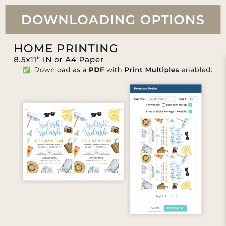 May include: A digital preview of a printable baby shower invitation. The invitation features a watercolor illustration of a beach scene with a sun, sunglasses, a beach umbrella, a beach bag, flip flops, and a camera. The text on the invitation reads "Splish Splash It's a Baby Bash" and includes the name "Hailey Johnson".