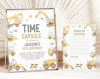 Time Capsule Template, Modern Construction Birthday Time Capsule, 1st Birthday Decor, Dump Trucks Party, Time Capsule Card & Sign, KP189