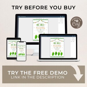 May include: A digital mockup of a birthday invitation design, displayed on a desktop computer, tablet, and smartphones. The invitation features a green pickle character and the text "BIG DILL!" and "Try the Free Demo".