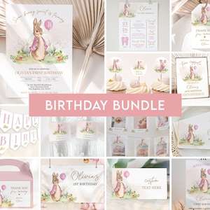 Pacchetto festa primo compleanno Peter Rabbit, invito festa Flopsy Bunny MODIFICABILE, decorazione festa primo compleanno coniglietto rosa, download immediato
