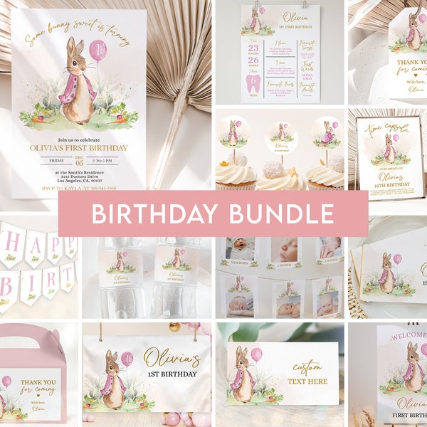 Peter Rabbit First Birthday Party Bundle, EDITABLE Flopsy Bunny Party Invitation, Pink Girl Bunny 1st Birthday Party Decor, Instant Download