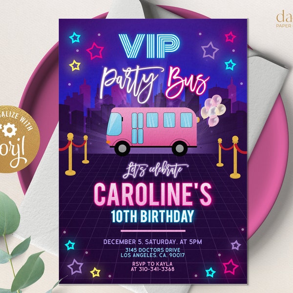 VIP Party Bus Invitation, EDITABLE Pink Limo Party Invite, Rock Star Birthday, Glow Neon Light Template, Personalized Any Age Card, KP204