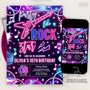 May include: A neon-themed birthday invitation with a rock star theme. The invitation features a guitar graphic and the words "Party like a Rock Star" in pink, blue, and white. The invitation includes the date, time, and location of the party.