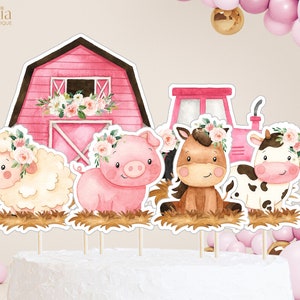Toppers de pastel de cumpleaños de animales de granja, pieza central de recortes de granero, decoración de fiesta de cumpleaños de corral floral, animales de rancho, descarga instantánea, KP082