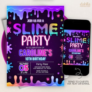 Slijm verjaardagsuitnodiging, BEWERKBARE neon gloed slijm feest uitnodiging sjabloon, verjaardagsfeestje meisje, glitter slime tijd, instant download, KP217