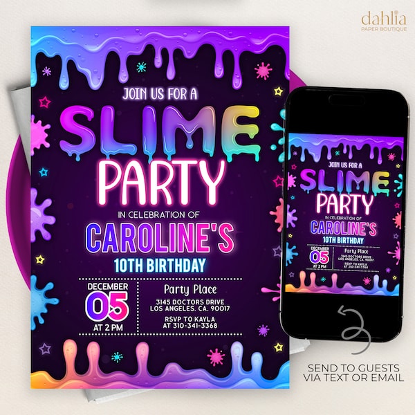 Slime Birthday Invitation, EDITABLE Neon Glow Slime Party Invite Template, Girl Birthday Party, Glitter Slime Time, Instant Download, KP217