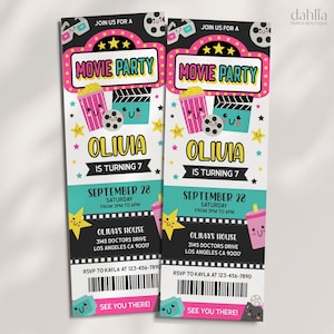 Movie Ticket Geburtstagseinladung, Kino Movie Night Girl einladen Vorlage, digital bearbeitbare druckbare Uhrenparty, Instant Download, KP426