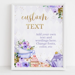 BEWERKBARE Tea Party verjaardag aangepaste tekst teken, paarse & gouden Par-tea teken sjabloon, grillige banner, High Tea Floral, Instant Download KP056