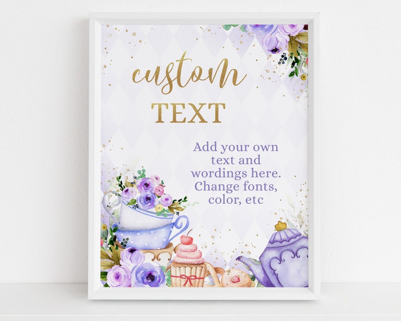 Puede incluir: Un cartel imprimible con un fondo morado y dorado que presenta una taza de t&eacute;, una tetera y una magdalena. El texto en el cartel dice "custom TEXT Add your own text and wordings here. Change fonts, color, etc."