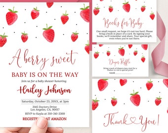 May include: A baby shower invitation with a strawberry theme. The invitation features a watercolor illustration of strawberries and the text "A berry sweet Baby is on the way". The invitation also includes the name of the baby shower honoree, Hailey Johnson, the date and time of the shower, and the address. The invitation also includes a request for guests to bring a book in place of a card, and a diaper raffle.