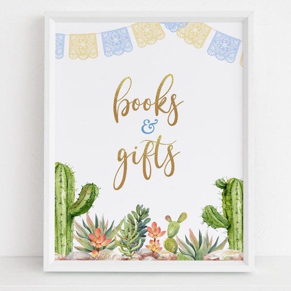 EDITABLE Books & Gifts Sign, Fiesta Baby Shower, Taco Bout A Baby, Boho Cactus Mexican Blue Gold, Customizable Template, Instant File, BS018