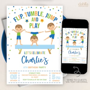 Gymnastics Birthday Invitation, EDITABLE Gymnastics Party Invitation Template, Boy Tumbling Gymnasts Birthday Invite, Instant Download KP074