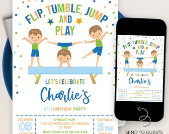 Gymnastics Birthday Invitation, EDITABLE Gymnastics Party Invitation Template, Boy Tumbling Gymnasts Birthday Invite, Instant Download KP074