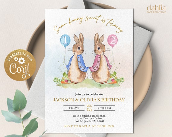 Peter Rabbit Joint Birthday Invitation, Editable Gender Neutral Invite Template, Blue & Pink Rustic Bunny, 1st Birthday, Kids Combined Party Il_570xn