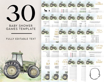 Trekker 30 baby shower games, BEWERKBARE rustieke groene boerderij vrachtwagen games bundel, Boy Truck baby shower games afdrukbaar, Instant Download, BS166