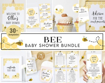 Babyshower-paket med bimotiv, inbjudningsset med honungskakamotiv för babyshower, babyshower med bi, unisex babyshower, BS013, Corjl