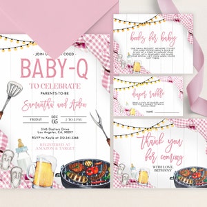 May include: Pink and white baby shower invitation with a watercolor illustration of a grill, beer, and a baby bottle. The text reads "Baby-Q to Celebrate Samantha and Aiden, Dec 05, 2 to 6 PM, 3145 Doctors Drive, Los Angeles, CA, 90017, RSVP to Kayla at 310-341-3368, Registered at Amazon & Target".