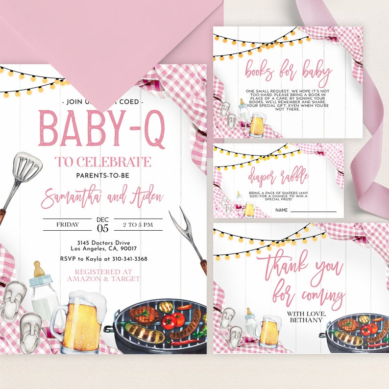 May include: Pink and white baby shower invitation with a watercolor illustration of a grill, beer, and a baby bottle. The text reads "Baby-Q to Celebrate Samantha and Aiden, Dec 05, 2 to 6 PM, 3145 Doctors Drive, Los Angeles, CA, 90017, RSVP to Kayla at 310-341-3368, Registered at Amazon & Target".
