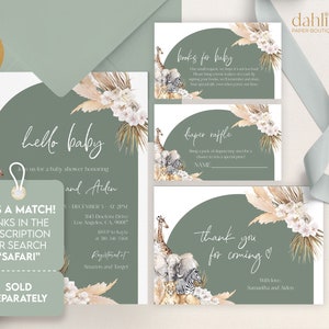 May include: A set of printable baby shower invitations with a green and white colour scheme. The invitations feature a jungle animal theme with a giraffe, elephant, zebra, and lion. The text on the invitations reads "hello baby", "it's a match! links in the description or search "safari"", "books for baby", "diaper raffle", and "thank you for coming".