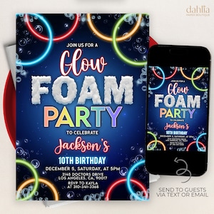 Glow Foam Party verjaardagsuitnodiging, BEWERKBARE Kids Neon zomerfeest uitnodigt, Boy Foam Dance, Glow in the Dark Party, Instant Download, KP280