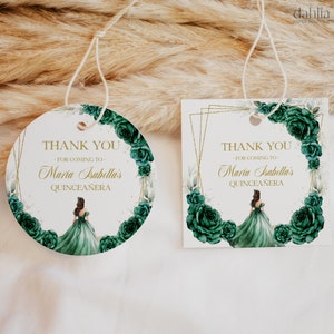 Étiquette-cadeau Merci Quinceañera, 15e anniversaire modifiable vert émeraude et or, cadeau de fête Mis Quince Anos, étiquette ronde couronne Sweet 16, Q040