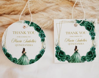Quinceañera Thank You Gift Tag, Editable Emerald Green and Gold 15th Birthday, Mis Quince Anos Party Favor, Sweet 16 Crown Round Label, Q040