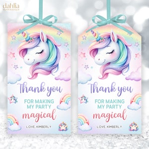 Modelo editável de etiqueta de agradecimento para lembrancinha de festa de unicórnio, festa de aniversário de unicórnio, decoração mágica de aniversário, lembrancinha de aniversário de menina, download digital KP319