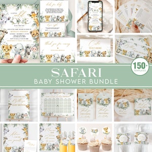 Safari Animals Baby Shower Bundle, Safari Baby Shower Invitation Set, Jungle Animals Baby Shower, Tropical, Gender Neutral, BS109, Corjl