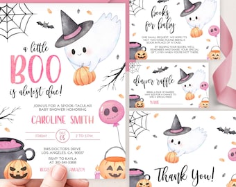 May include: Halloween-themed baby shower stationery set. The main invitation features a ghost in a witch hat holding a pumpkin, with the text "a little BOO is almost due!" Additional cards include "books for baby," "diaper raffle," and a "Thank You!" card.