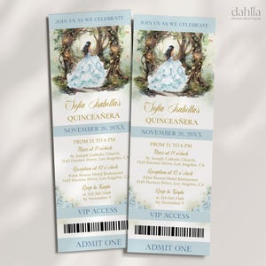 Verzauberter Wald Quinceaña Ticket-Einladung, EDITIERBARE Blaue magische Gartenparty Mis Quince Anos, Märchenwald 15.Geburtstag, Q127